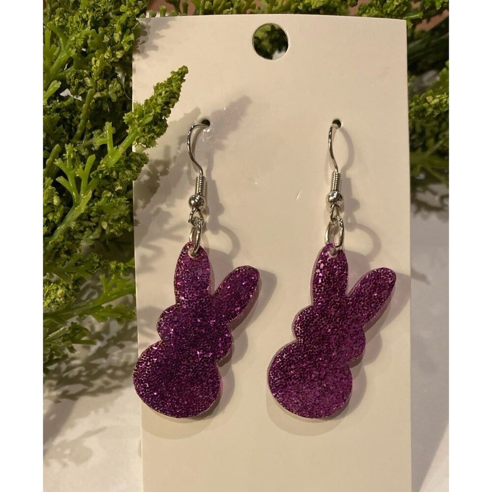Easter Sparkle Bunny Rabbit Dangle Earrings Pastel Spring Cute Holiday Jewelry - Picture 3 of 6